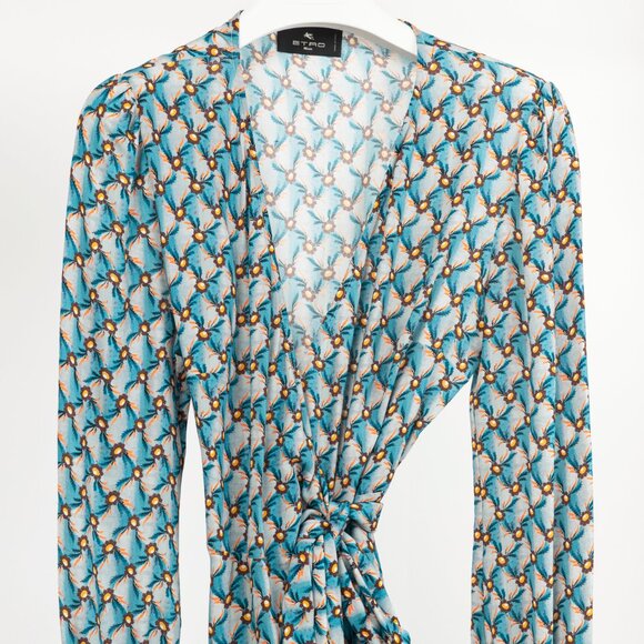 Etro PF/23 Azzurro Floralia Crepe Midi Wrap Dress - Picture 4 of 11